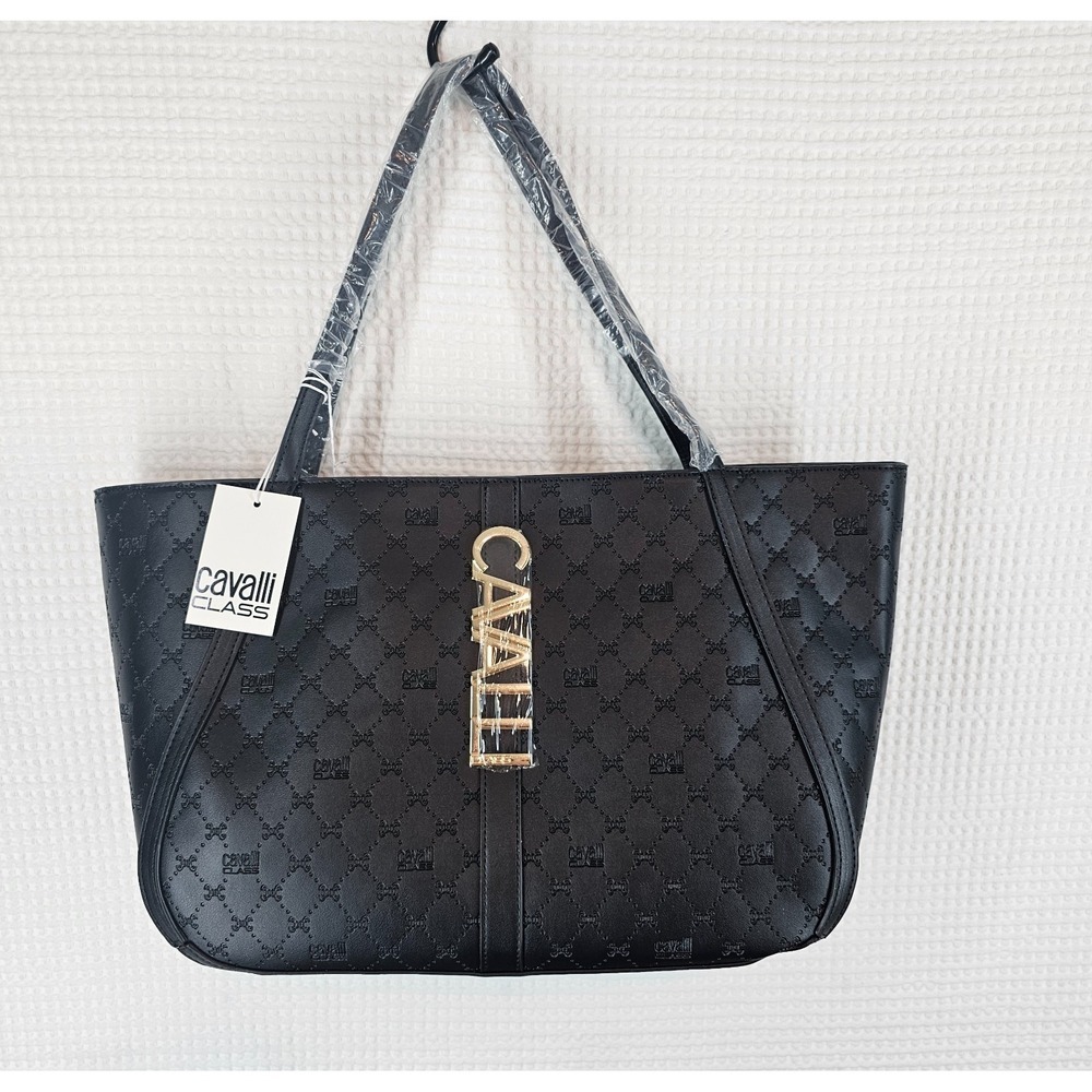Cavalli Class Sandra Shopper Extra Large Tote Bag Black Debossed Handbag NWT$118